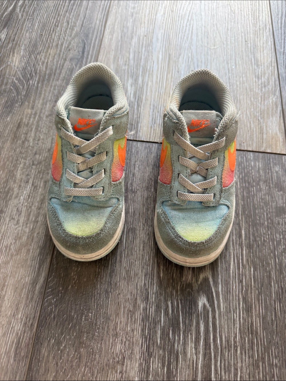 Nike Kids Green Tie-Dye Low Top Sneakers with Orange Swoosh